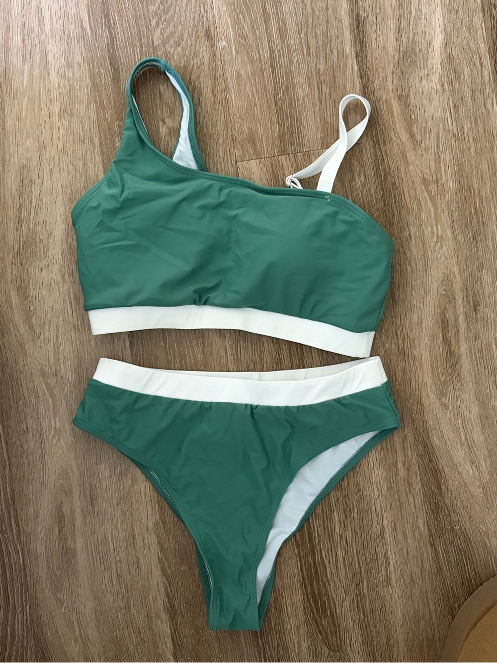 Green One-Shoulder Bikini Set with White Trim NWOT